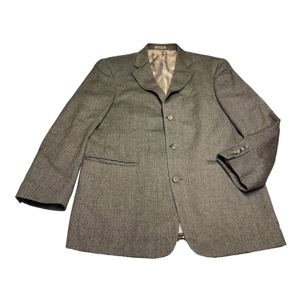 Stafford Sports Coat Men's 40R Gray 100% Wool Herringbone Notch Single Breasted